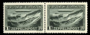 Liechtenstein #C7 Cat$140, 1931 1fr olive black, horizontal pair, lightly hin...