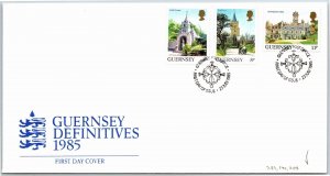 GUERNSEY DEFINITIVES OF 1985 SET OF 3 ON FDC SCOTT 283, 290, 293 - 1985