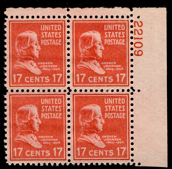 US #822 PLATE BLOCK, SUPERB mint never hinged, 17c Johnson, post office fresh...