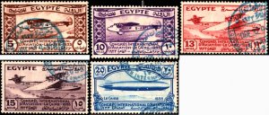 Egypt #172-176, Cplt Set(5), Expo Cancelled, 1933, Aviation - Airplanes, Used