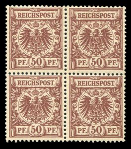 Germany #51, 1988 50pf chocolate, block of four, hinged, minor perf. separations