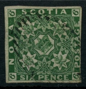 ?#5 Nova Scotia Pence Dark Green, margins, Cat F $1500 VF $3000, used Canada