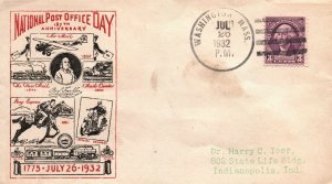 157th ANNIVERSARY NATIONAL POST OFFICE DAY 1775  - 1932 WASHINGTON MASS 1932