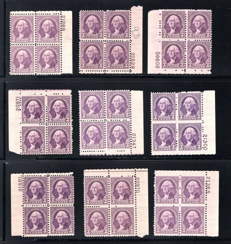 US #720,  Lot of 9 - Plate# Blocks of 4, VF, MNH,  CV $20.25 ..... 6784437