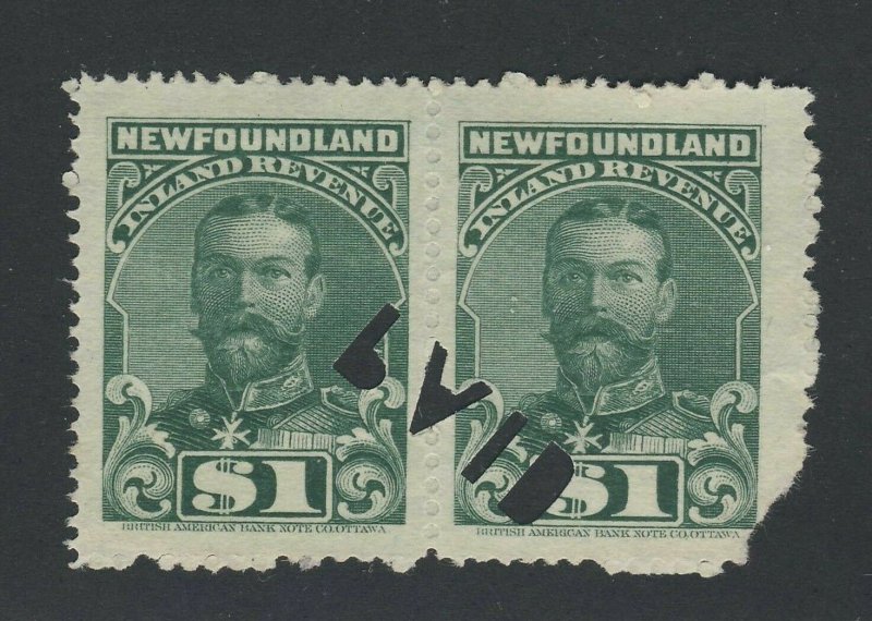 2x Newfoundland Used Inland Revenue Stamps 1910 George V Pair NFR 20-$1.00
