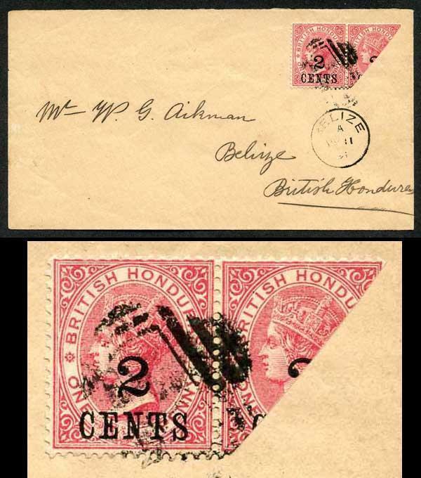 British Honduras SG27c Aikman envelope with 2c on 1d Pair one bisected