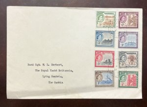 D)1953, GAMBIA, CIRCULATED LETTER WITH QUEEN ELIZABETH II STAMPS, CUSTOM SCENE