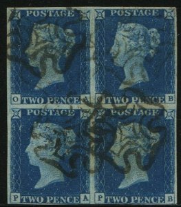 GB QV SG5, SCARCE 2d blue Plate 1 BLOCK of 4, FINE USED. BLACK MX. Cat £22000.