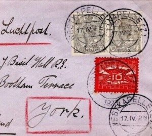 NETHERLANDS Air Mail Cover *IMPERF PAIR* 10c Wilhelmina KLM Flight 1923 GB DL239