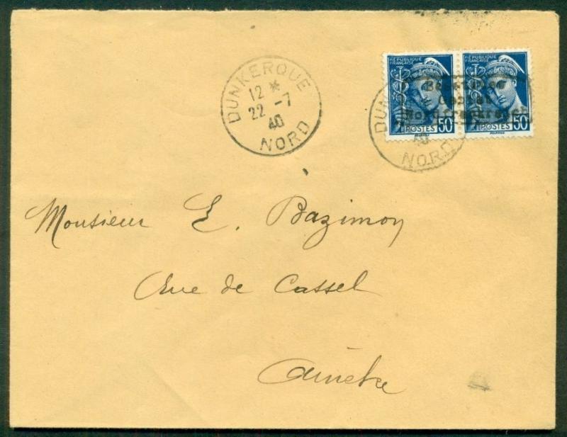 GERMANY WWII Occupation France-Dunkirk Mi. 3 pair on cover w/Type 1 hdstamp ovpt