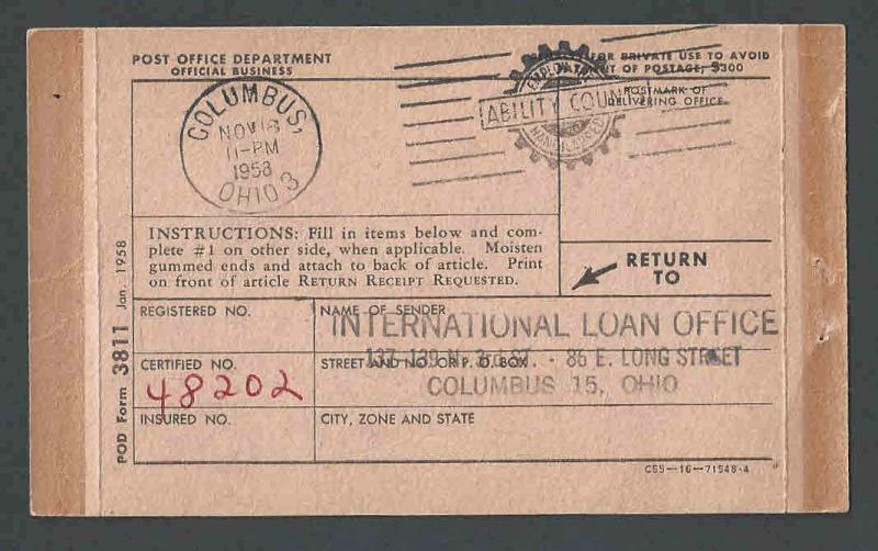 1958 United States Post Office Dept Official Business Card Form #3811 See Info