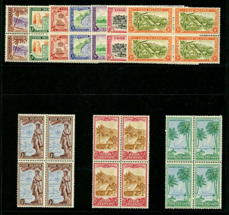 Cook Islands 1949 KGVI Pictorial set complete BLOCKS MNH. SG 150-159. Sc 131-140