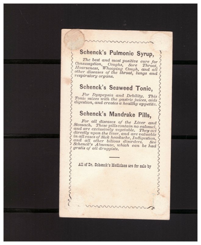 SCHENK'S PULMONIC SYRUP MEDICINE ADVERTISING CARD MATCH AND MEDICINE BBPG36