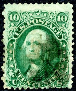 US #96 – 1867 10c Washington, yellow green. Used Fine.