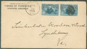 US 230 Fordyce Arkansas 24 Apr 1894 to Lynchburg, Virginia.  Pair of 1 cent Colombian commemoratives pay 1st class.  Use of the