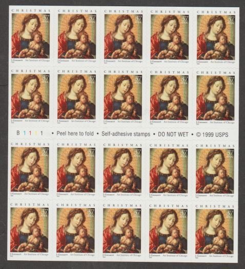 U.S. Scott #3675a Christmas Madonna & Jesus Stamps - Mint NH Booklet Pane