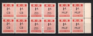 RHODESIA RAILWAYS 1d Parcels Stamp Blocks{3} CB ZD MUF Stations Mint MNH SS4099