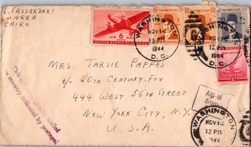 1944 Egypt Cairo UNRRA Displaced Persons DP Camp Cover to USA Washington