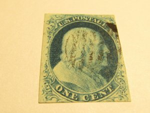 US Stamps, Scott #9 USED,1 Cent Franklin type IV Used, w/R.Doporto Certification