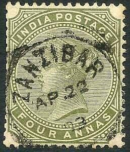 Zanzibar SGZ69 4a Olive-green Z5 Squared Circle dated 22 April 1893