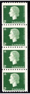 406, Scott, 2c green, Strip of 4, F, MNHOG, Cameo Issue, Coil, Canada Postage St
