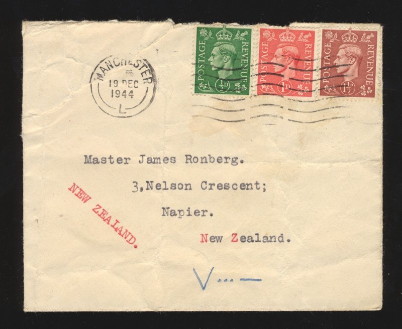 UK 1944 ‘POSTAGE STAMPS HAVE BEEN ABSTRACTED’ MESSAGE IN COVER MANCHESTER TO NZ