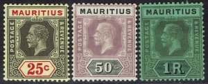 MAURITIUS 1921 KGV 25C DIE I 50C AND 1R DIE II WMK MULTI SCRIPT CA