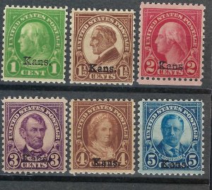 *658-663,  1¢ - 5¢ (6) KANS. OVERPRINTS F-VF, NH, POST OFFICE FRESH!