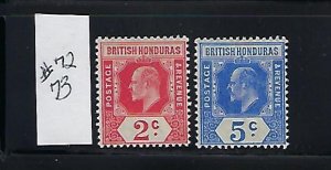 BRITISH HONDURAS SCOTT #72-73 1909 EDWARD VII WMK 3 MINT  HINGED