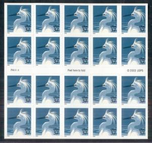 US #3830De, 37¢ Egret, Booklet Pane of 20 w/Microprinting, NH, VF, Scott $110.00