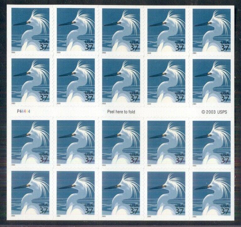 US #3830De, 37¢ Egret, Booklet Pane of 20 w/Microprinting, NH, VF, Scott $110.00