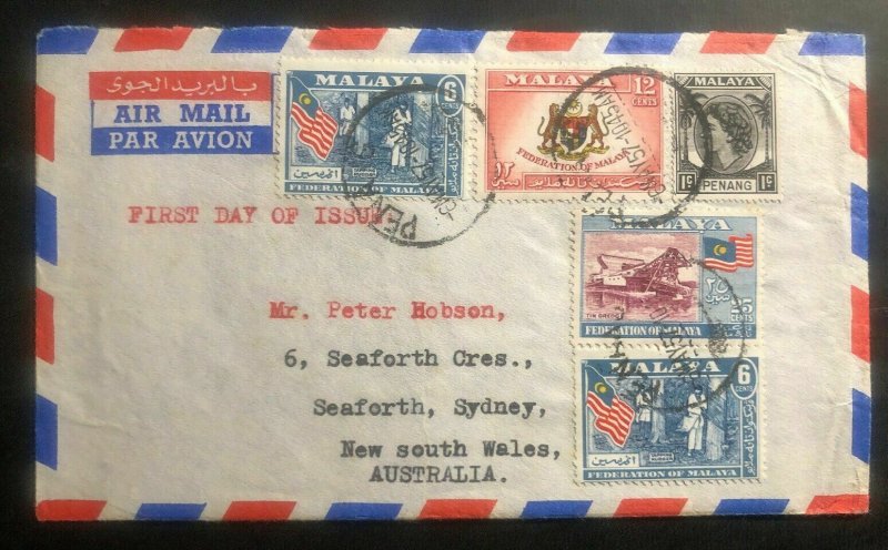 1957 Penang Malaya First Day Cover FDC To Seaforth NSW Australia