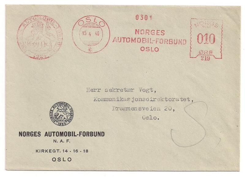 Norway: 10o Meter Stamp April 1946 Auto Club slogan Fresh VF