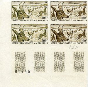 French Colonies, Somali Coast YTPA 26, 1958 100f Gazelles, imperf. trial colo...