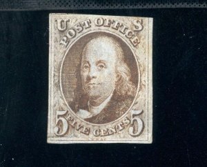 USAstamps Unused FVF US 1847 Franklin Imperforate Scott 1 RG MH 
