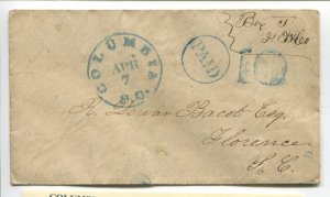 Confederate Columbia South Carolina Stampless 'PAID 10' Cover CSA CV $200 LV6684