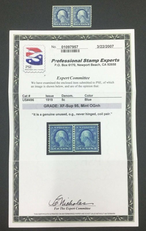 MOMEN: US STAMPS #496 PAIR MINT OG NH **PSE GRADED CERT 95** LOT #48544