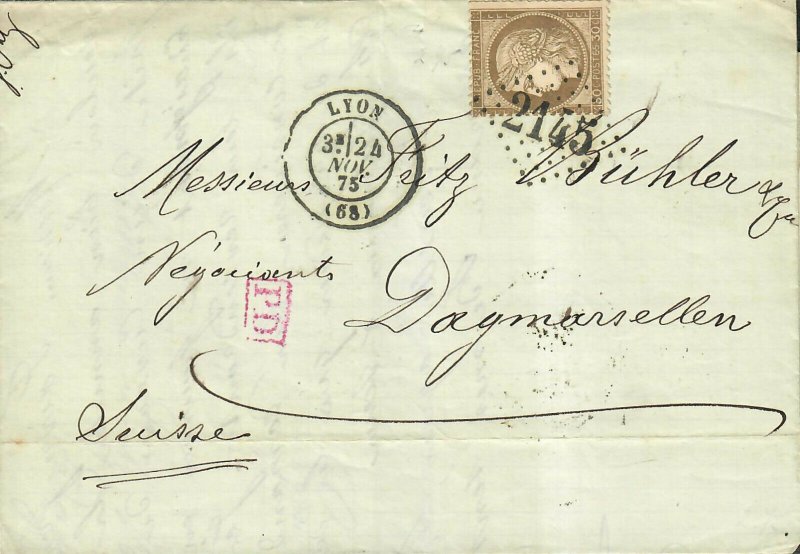 France 1875 Lyon To Switzerland Cover