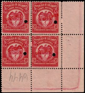 ✔️ COLOMBIA 1917 - FISCAL REVENUE BLx4 PUNCH & SPECIMEN ABNC  Mi. ST16 MNH [6.3]