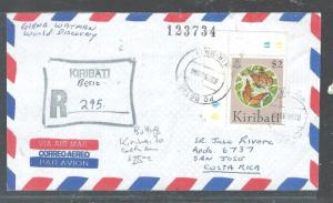 KIRIBATI (PP2408B) $2.00 BUTTERFLY ON REG COVER TO COSTA RICA   WOW!!