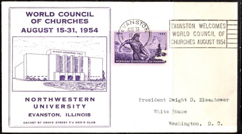 1954 US Commemorate Envelope Evanston Welcomes World Council Churches Aug. 1954