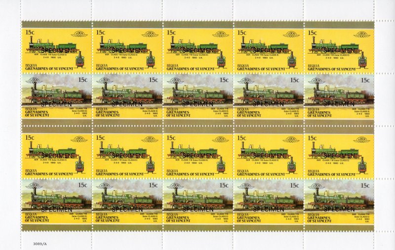 Bequia 1987 Locomotives #5 (8 Pairs) 8 Mini-Sheetlets SPECIMEN UNFOLDED MNH