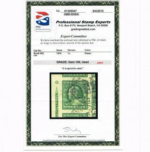 EXCEPTIONAL GENUINE MASSIVE SCOTT #383 USED 1910 PSE CERT GRADED GEM 100 STAR