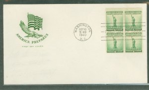 US 899 1940 1c National Defense/Statue of Liberty (block of four) on an unaddressed first day cover with a House of Farnum cache