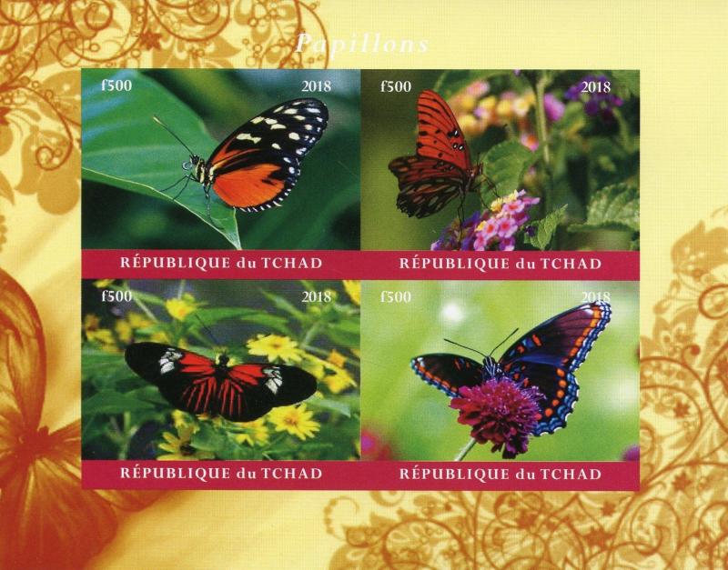 Chad 2018 MNH Butterflies 4v IMPF M/S Papillons Insects Butterfly Stamps