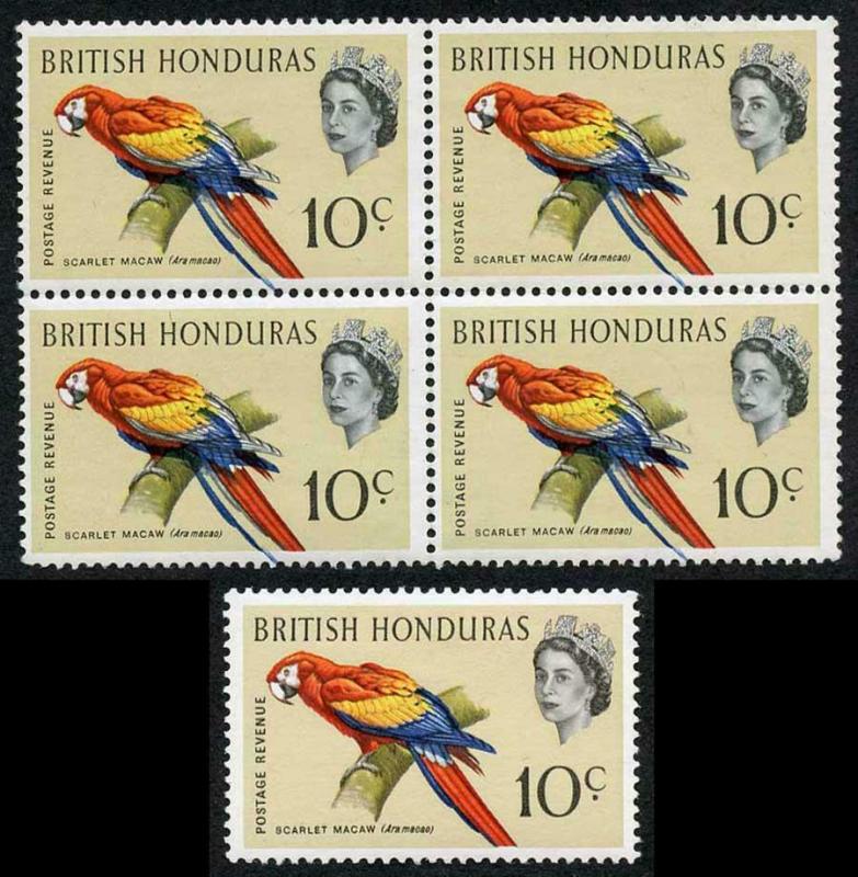 British Honduras SG207 1962 10c Bird with BLUE SHIFT U/M BLOCK of FOUR