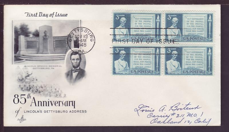 US Gettysburg Address 1948 B/4 Artcraft Pen FDC BIN 12179