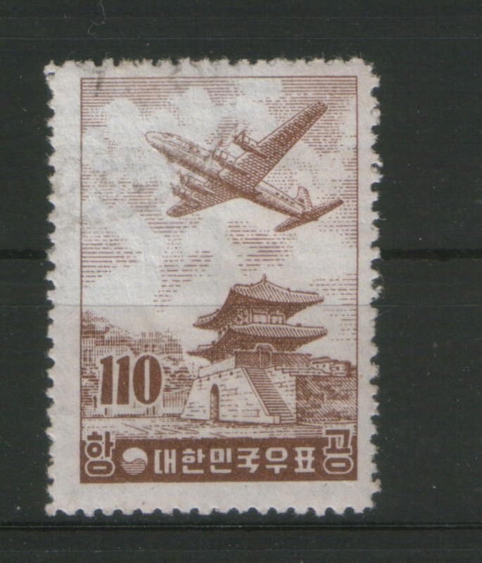 SOUTH KOREA-USED STAMP-PLANE-HIGH CV-Mi.No.215y-1956.