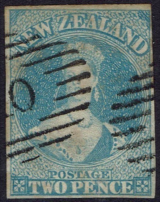NEW ZEALAND 1857 QV CHALON 2D PALE BLUE IMPERF NO WMK USED