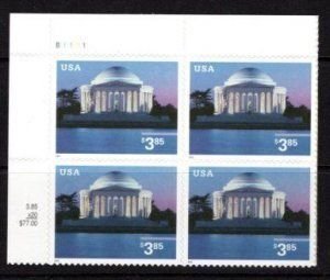 SCOTT  3647  JEFFERSON MEMORIAL  $3.85  PLATE BLOCK  MNH  SHERWOOD STAMP